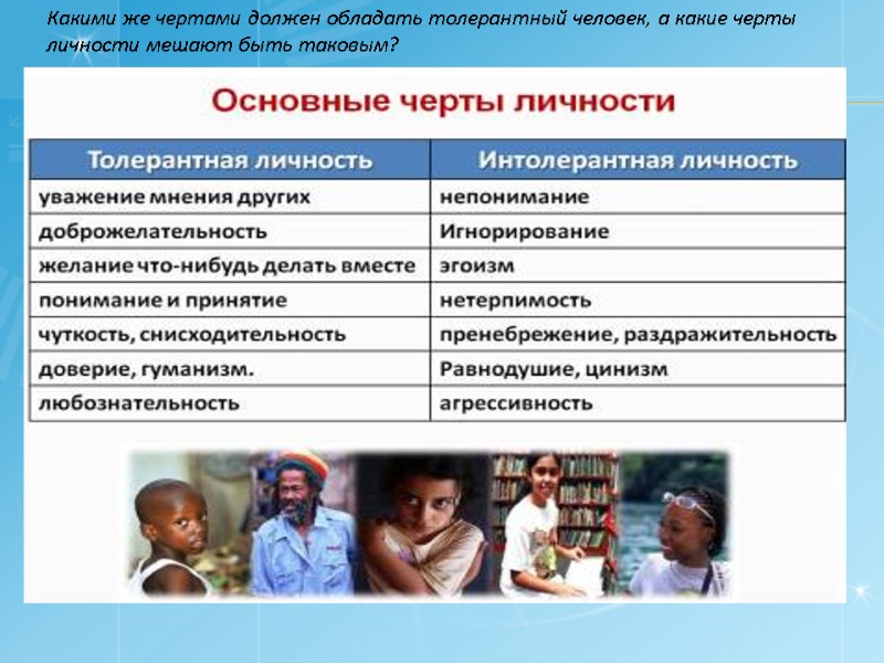 Какими же чертами должен обладать толерантный человек, а какие черты личности мешают быть таковым?